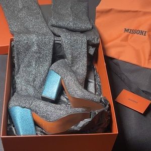 Missoni metallic black and silver lurex thigh high boots with open toe size 7